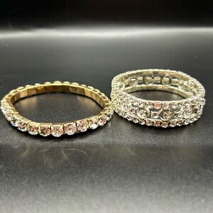 Vintage Clear Rhinestone stretch bracelets duo pair silver tone